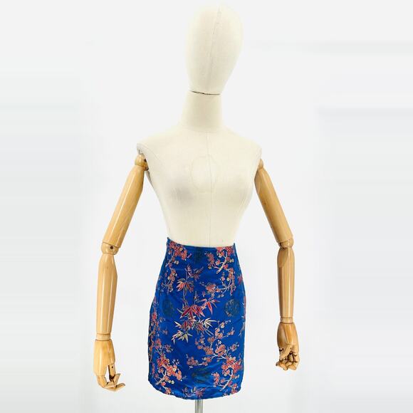 Y2K Brocade Royal Blue Asian Floral Side Slit Mini Skirt - Picture 1 of 8